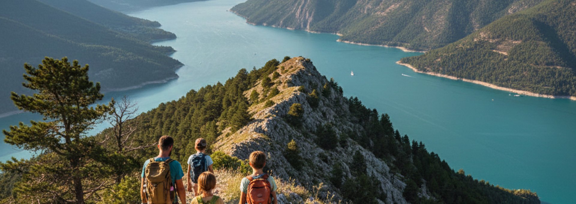 Famille en randonnée sur les sentiers de Serre-Ponçon