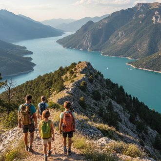 Famille en randonnée sur les sentiers de Serre-Ponçon