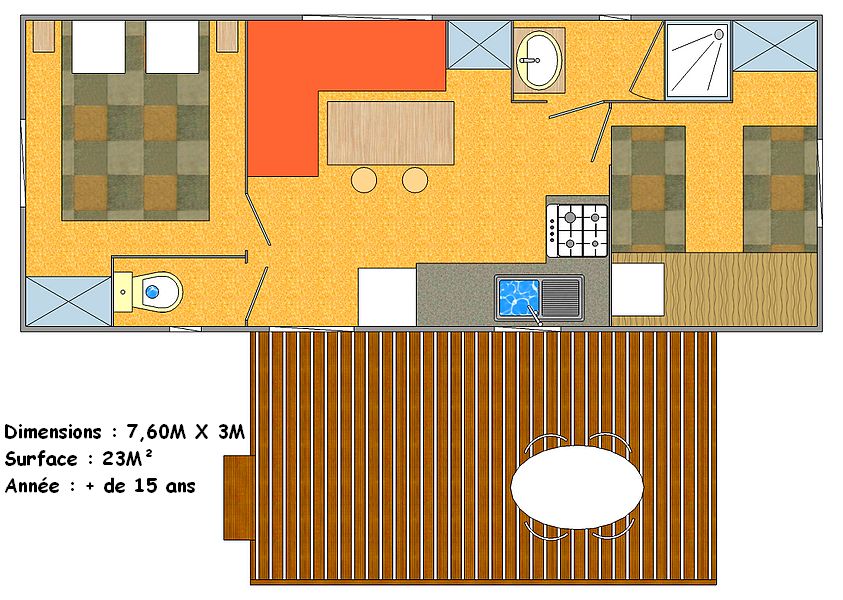 Plan van de bungalow Cordial 2 kamers op de camping aan het meer in Curbans